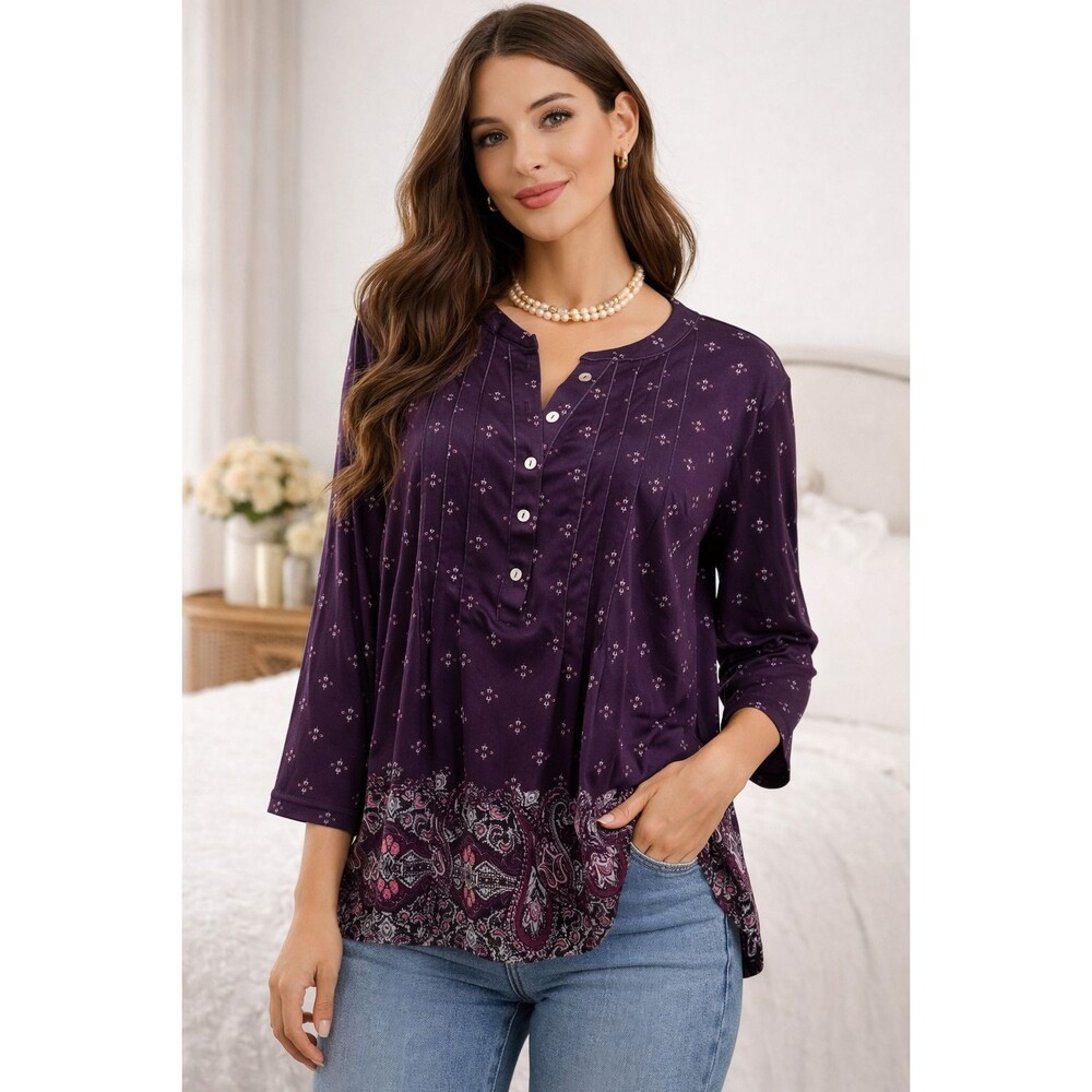 Women's Boho Purple Floral Tunic Blouse Paisley Vintage Chic Relaxed Fit Top PXL